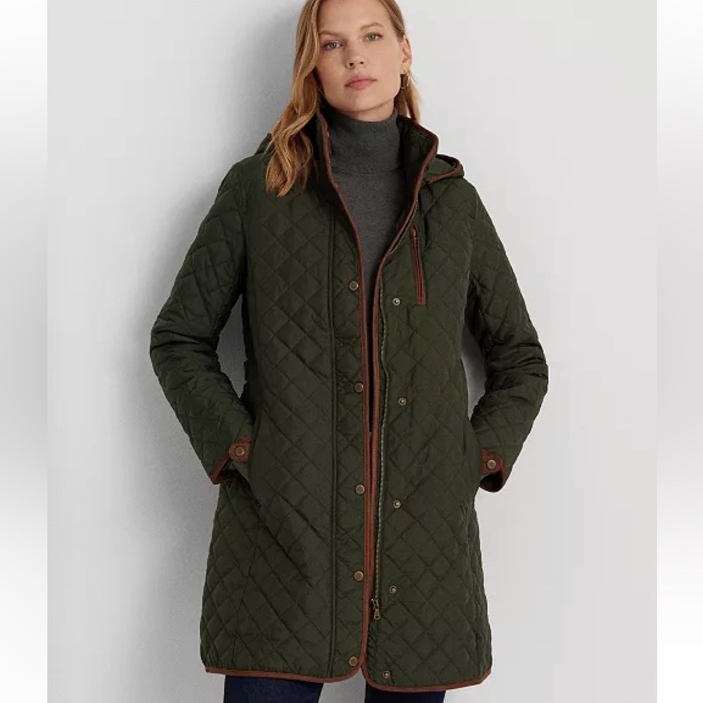 💚 LAUREN RALPH LAUREN Green Hooded Quilted Coat; Size XS